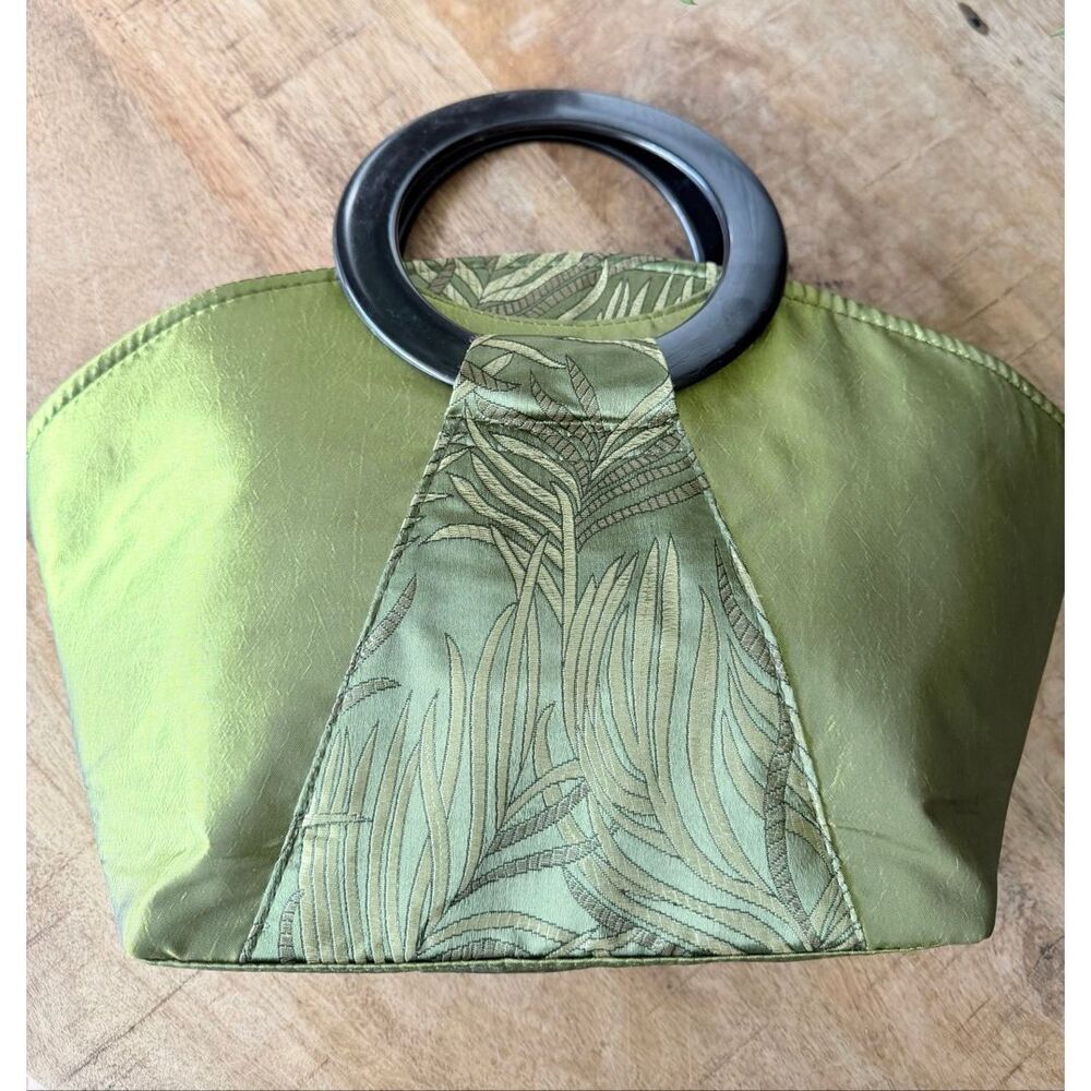 No Brand Lime Green Satin Evening Handbag Lucite Ring Handles Embroidered Clutch